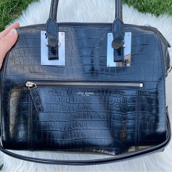 Henri Bendel Black Croc Print Leather Satchel - Picture 4 of 14